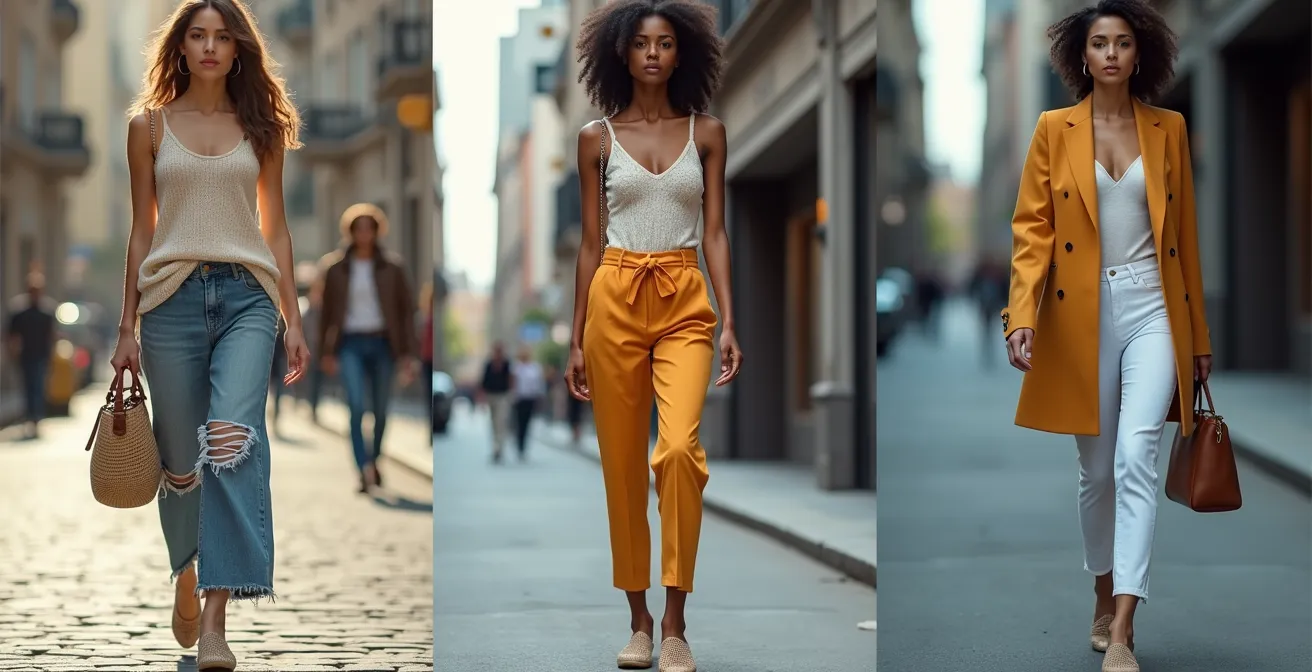 Collage mode illustrant diverses tenues avec débardeur en maille, casual chic et professionnel