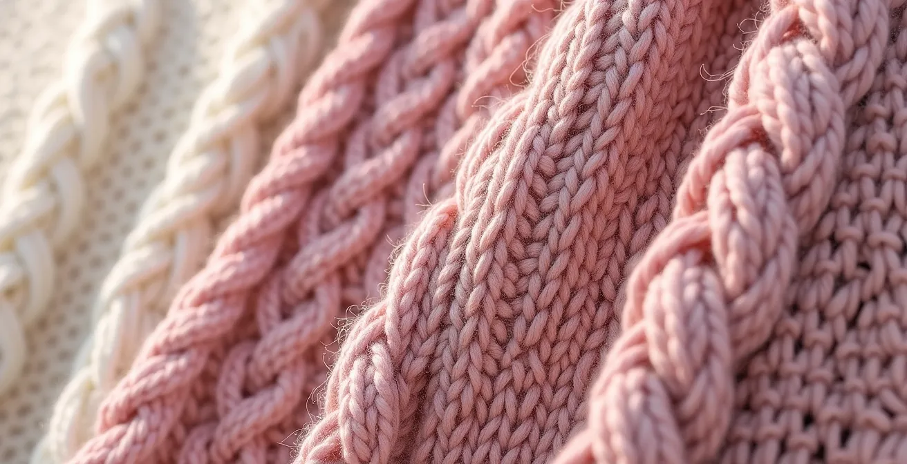 Gros plan sur différents types de maille : fine, côtelée, torsadée, crochet